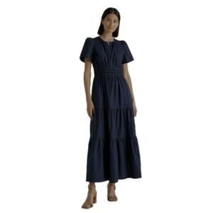 Quince 100% Organic Cotton Poplin Tiered Maxi Dress Navy Blue Small NWT Pockets